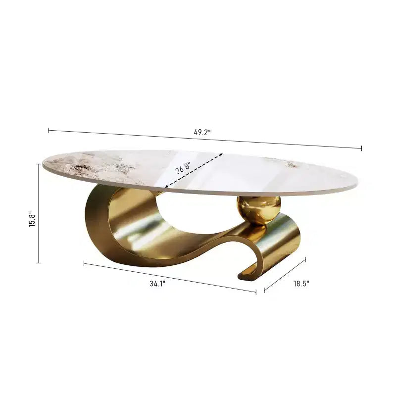 Table basse ovale de 124 cm avec plateau en pierre frittée imitation marbre et piètement sculptural en acier inoxydable
