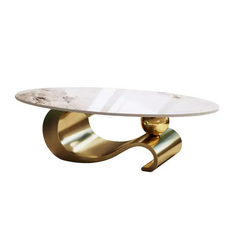 Table basse ovale de 124 cm avec plateau en pierre frittée imitation marbre et piètement sculptural en acier inoxydable