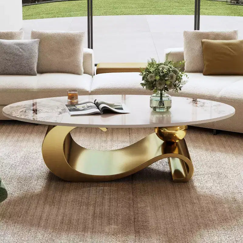 49 Oval Coffee Table with Faux Marble Top and Stainless Steel Base, Modern Center Table or Cocktail Table for Living Room-Panipeachy