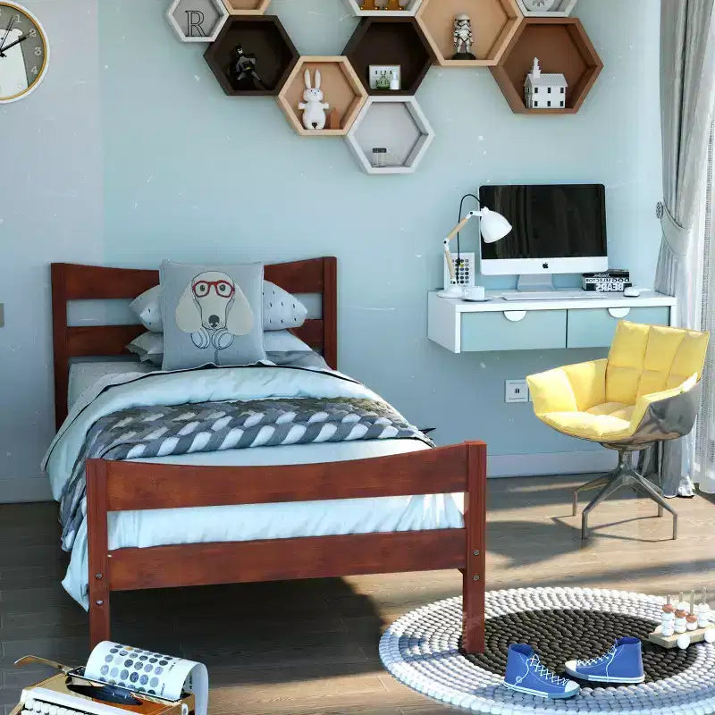 Cadre de lit plateforme simple avec tête de lit et support à lattes en bois, noyer