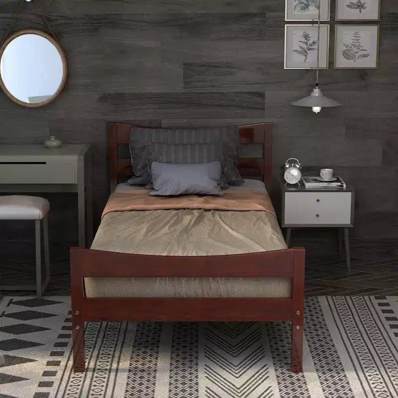 Cadre de lit plateforme simple avec tête de lit et support à lattes en bois, noyer