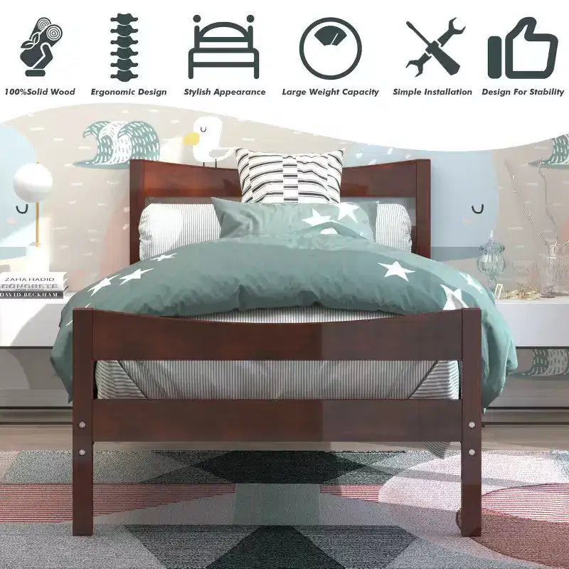 Cadre de lit plateforme simple avec tête de lit et support à lattes en bois, noyer