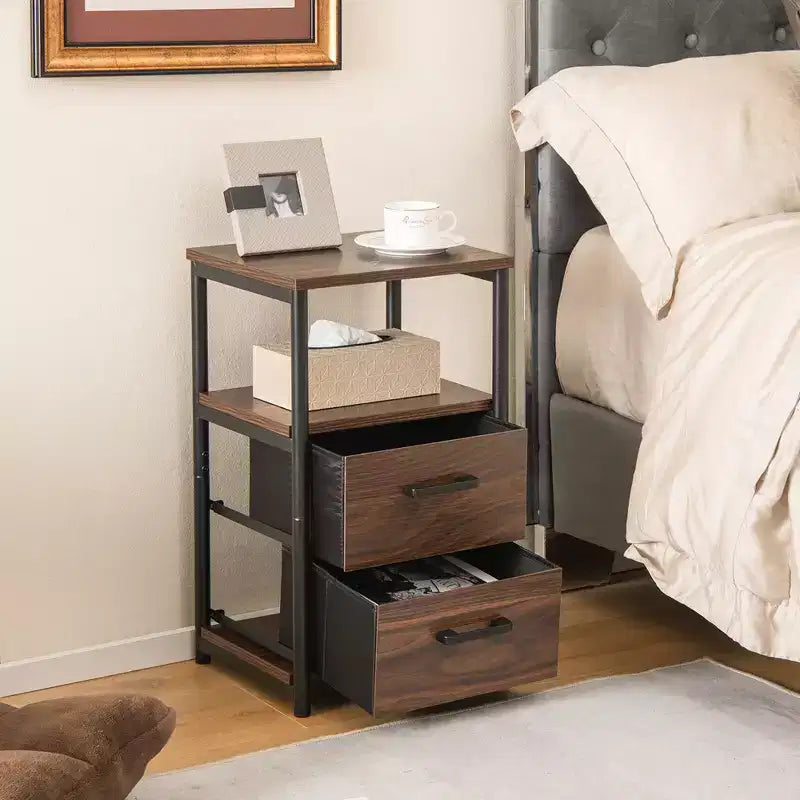 Table de chevet avec 2 tiroirs en tissu et étagère de rangement pour salon ou chambre à coucher