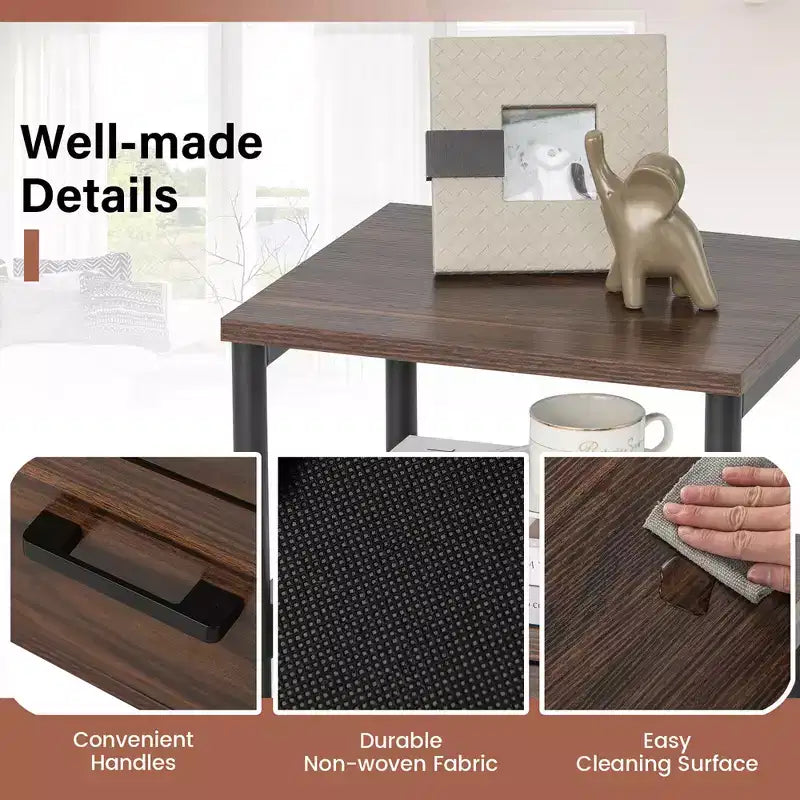 Table de chevet avec 2 tiroirs en tissu et étagère de rangement pour salon ou chambre à coucher