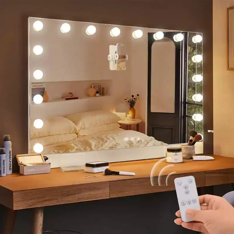 Miroir de courtoisie en aluminium avec télécommande, lumières LED, port de charge et support de téléphone