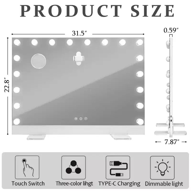 Miroir de courtoisie en aluminium avec télécommande, lumières LED, port de charge et support de téléphone