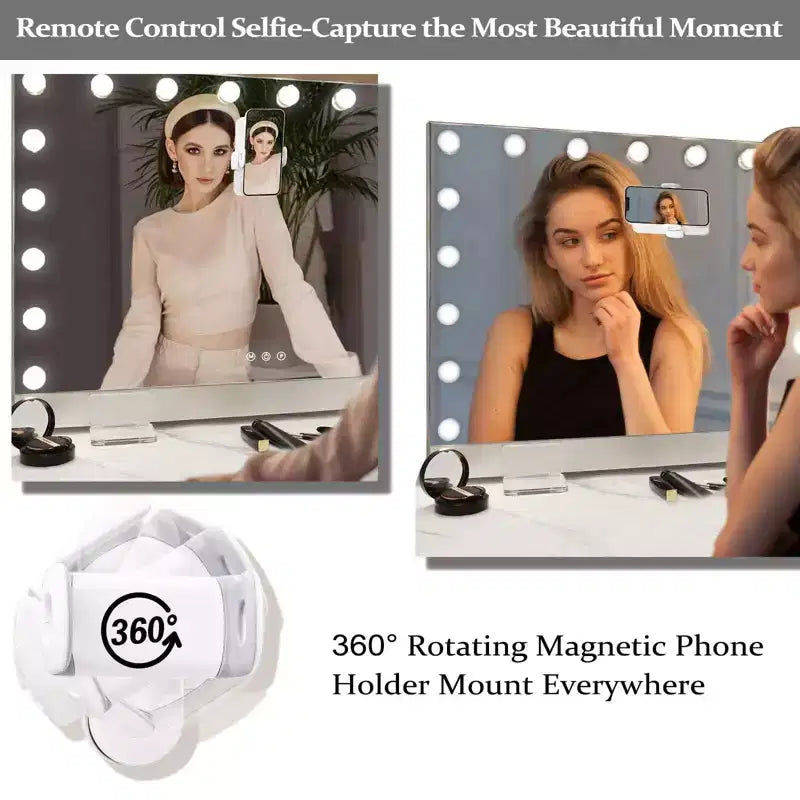 Miroir de courtoisie en aluminium avec télécommande, lumières LED, port de charge et support de téléphone