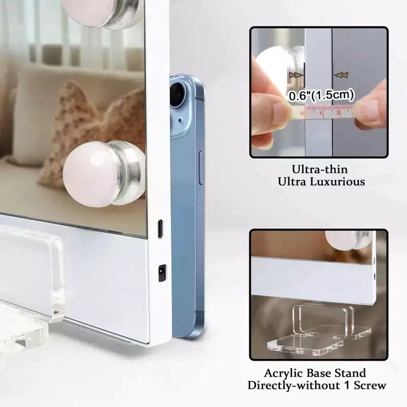 Miroir de courtoisie en aluminium avec télécommande, lumières LED, port de charge et support de téléphone