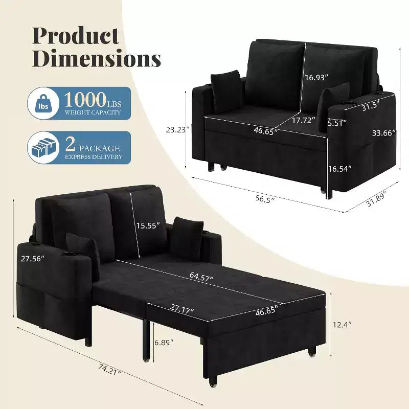 Canapé lit convertible 3-en-1, Canapé 2 places convertible 56 pouces avec porte-gobelets et chargement USB, Canapé lit convertible pleine grandeur