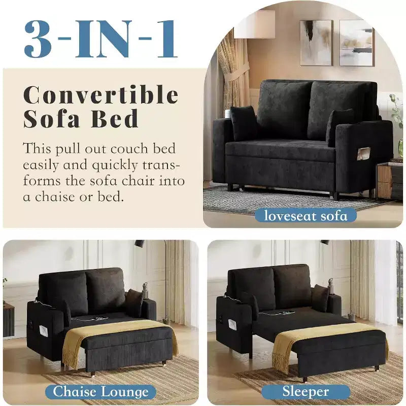 Canapé lit convertible 3-en-1, Canapé 2 places convertible 56 pouces avec porte-gobelets et chargement USB, Canapé lit convertible pleine grandeur