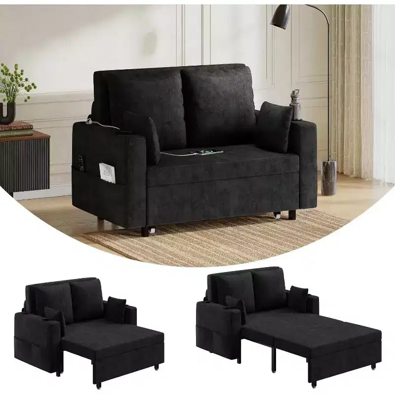 3-In-1 Pull-Out Couch, 56 Loveseat Sleeper Sofa Bed with Cup Holders & USB Charging, Full Size Pull-Out Sofa Couch