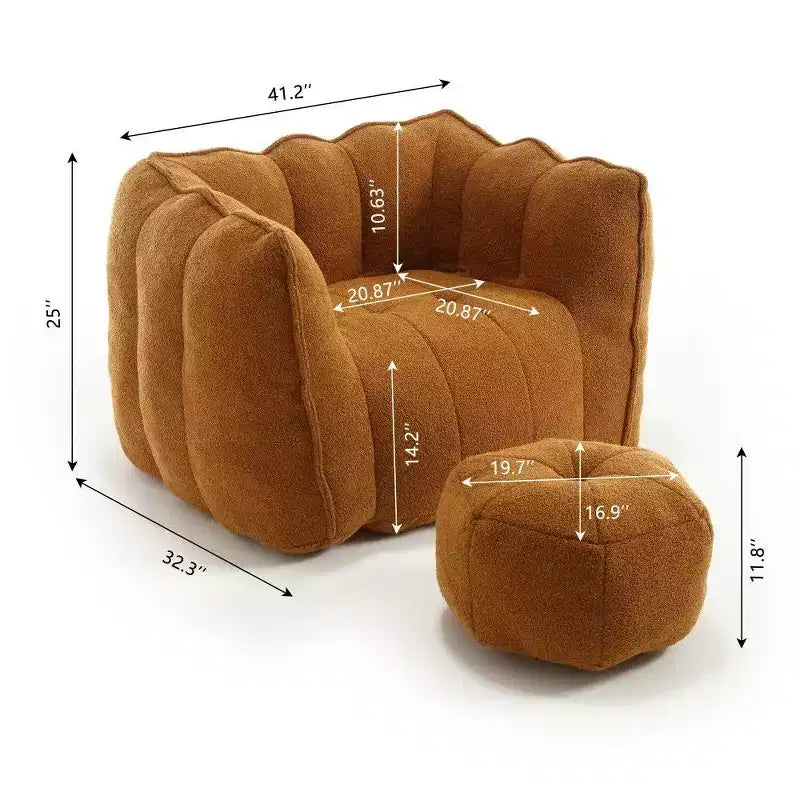 Pouf-fauteuil en chenille avec pouf ottoman, fauteuil de relaxation à accoudoirs carrés et repose-pieds pour salon