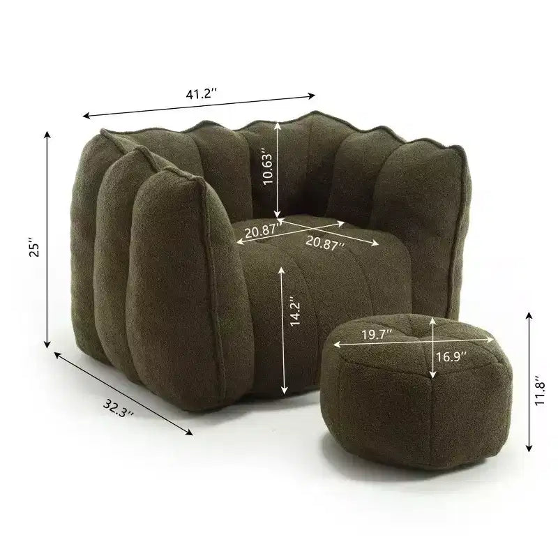 Pouf-fauteuil en chenille avec pouf ottoman, fauteuil de relaxation à accoudoirs carrés et repose-pieds pour salon