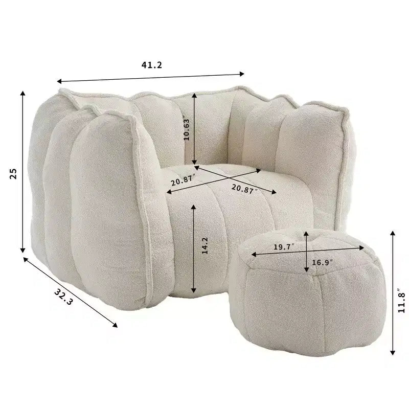 Pouf-fauteuil en chenille avec pouf ottoman, fauteuil de relaxation à accoudoirs carrés et repose-pieds pour salon
