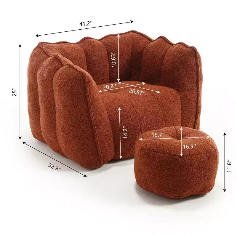 Pouf-fauteuil en chenille avec pouf ottoman, fauteuil de relaxation à accoudoirs carrés et repose-pieds pour salon
