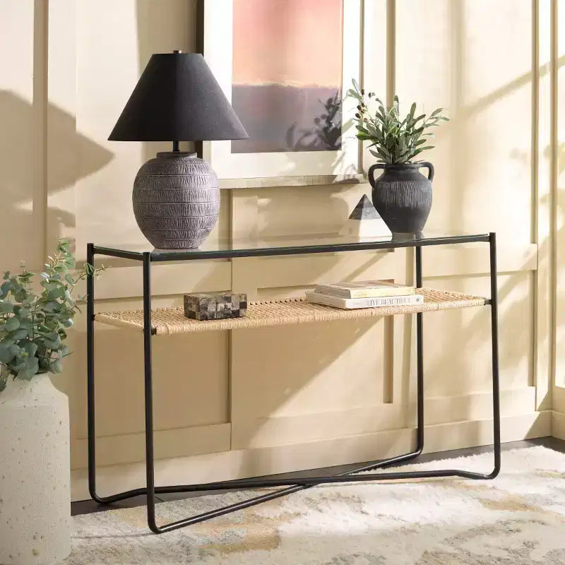 Console 1 étagère, Naturel/Noir, Plateau en verre transparent