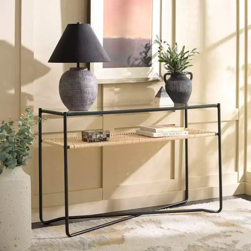 Console 1 étagère, Naturel/Noir, Plateau en verre transparent