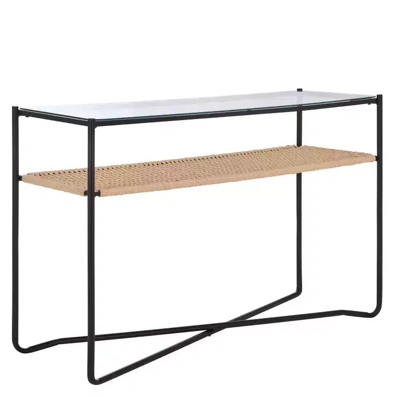 Console 1 étagère, Naturel/Noir, Plateau en verre transparent