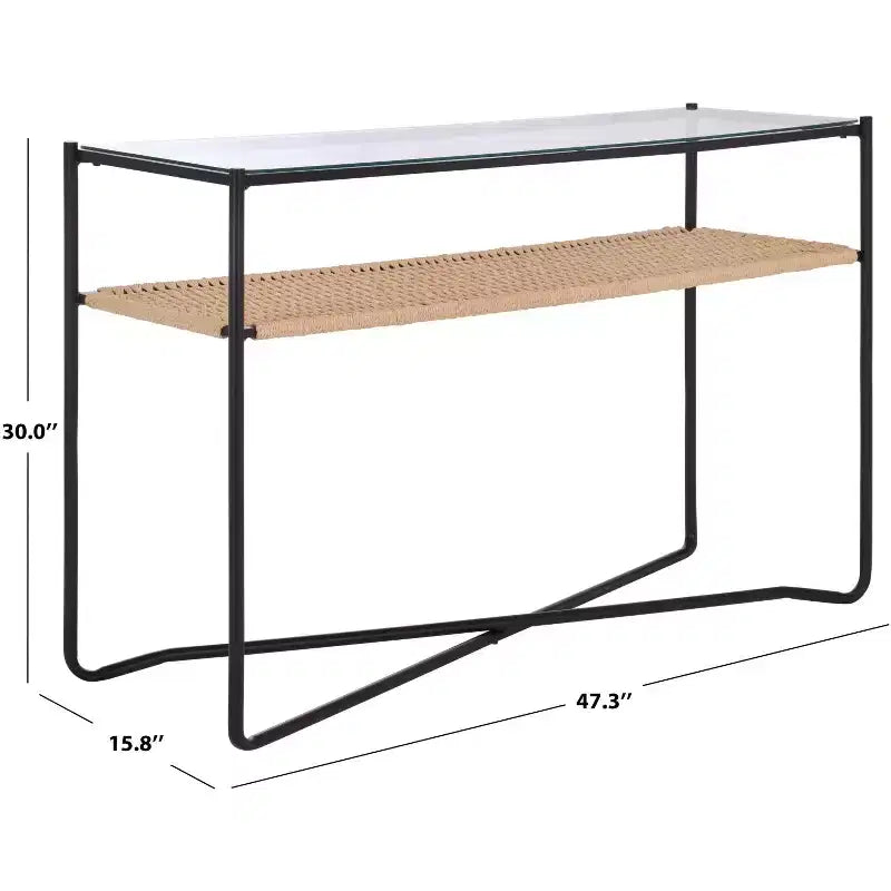 Console 1 étagère, Naturel/Noir, Plateau en verre transparent