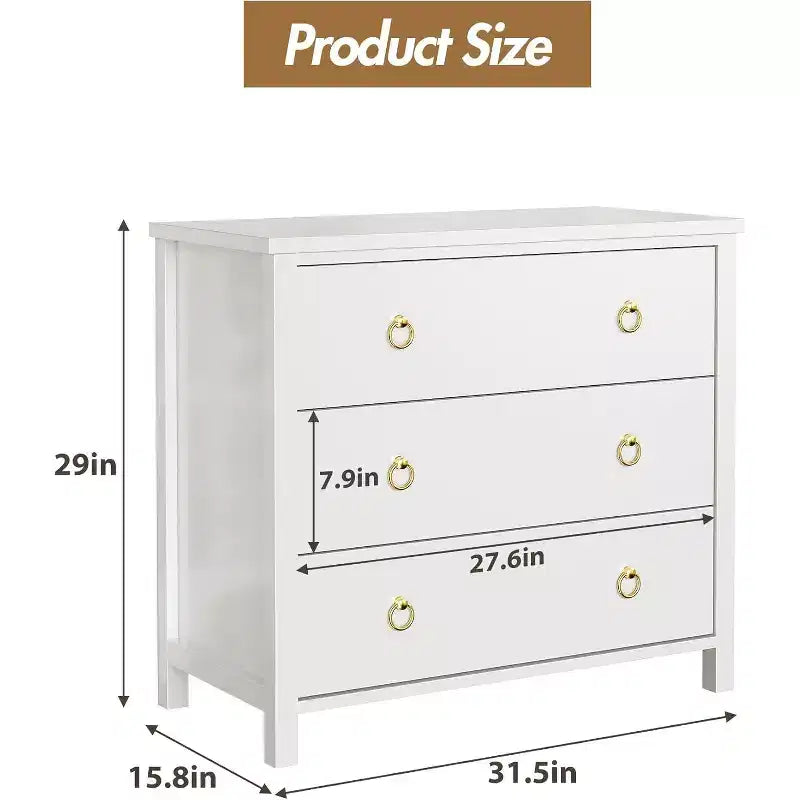 Commode avec poignées rondes, 3 tiroirs plats blancs, ferrures exquises, petite armoire de rangement à côté du lit dans la chambre.