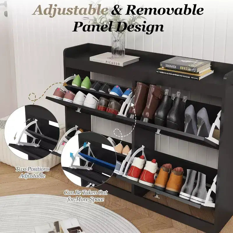 Grand meuble à chaussures en rotin avec 4 tiroirs basculants, Organisateur de chaussures sur pied avec pieds en bois, Meuble à chaussures étroit