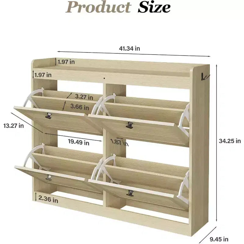 Grand meuble à chaussures en rotin avec 4 tiroirs basculants, Organisateur de chaussures sur pied avec pieds en bois, Meuble à chaussures étroit