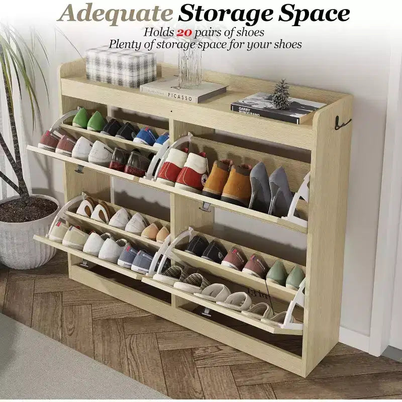 Grand meuble à chaussures en rotin avec 4 tiroirs basculants, Organisateur de chaussures sur pied avec pieds en bois, Meuble à chaussures étroit