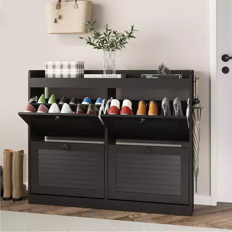 Grand meuble à chaussures en rotin avec 4 tiroirs basculants, Organisateur de chaussures sur pied avec pieds en bois, Meuble à chaussures étroit