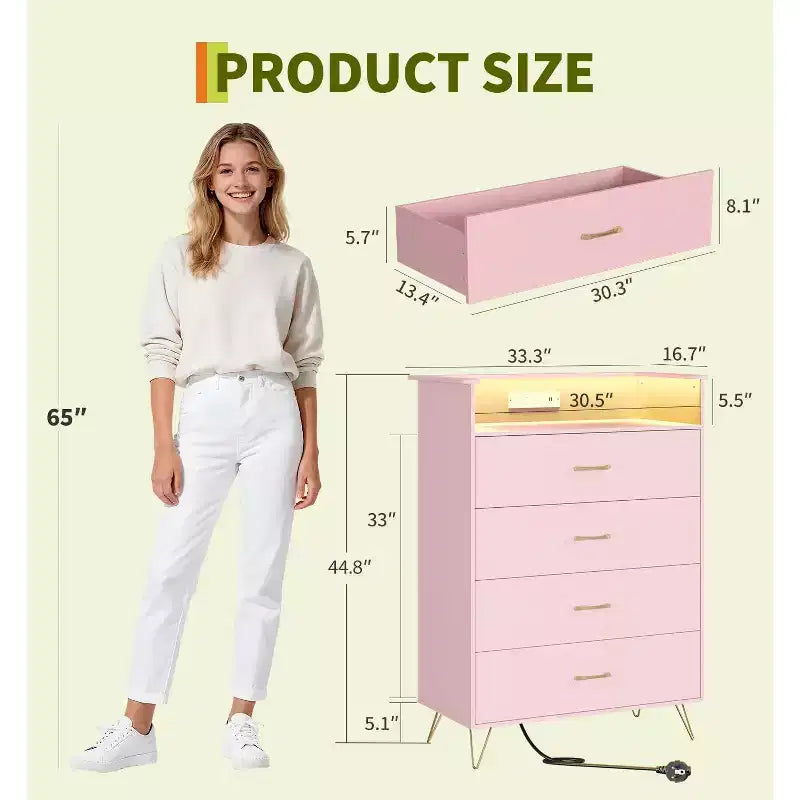 Commode 4 Tiroirs avec Station de Charge, Commode Moderne avec Contrôle par Application, Grand Meuble de Rangement pour Chambre et Salon