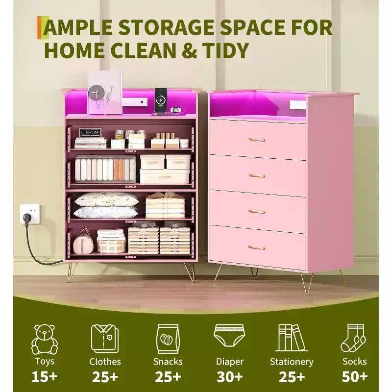 Commode 4 Tiroirs avec Station de Charge, Commode Moderne avec Contrôle par Application, Grand Meuble de Rangement pour Chambre et Salon
