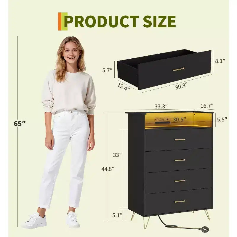 Commode 4 Tiroirs avec Station de Charge, Commode Moderne avec Contrôle par Application, Grand Meuble de Rangement pour Chambre et Salon