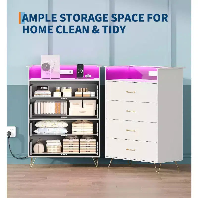 Commode 4 Tiroirs avec Station de Charge, Commode Moderne avec Contrôle par Application, Grand Meuble de Rangement pour Chambre et Salon