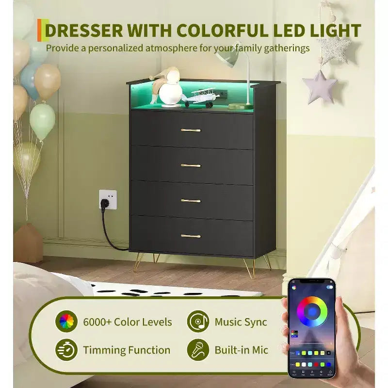 Commode 4 Tiroirs avec Station de Charge, Commode Moderne avec Contrôle par Application, Grand Meuble de Rangement pour Chambre et Salon