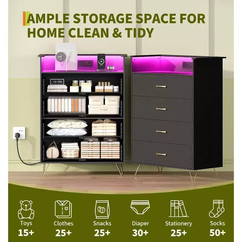 Commode 4 Tiroirs avec Station de Charge, Commode Moderne avec Contrôle par Application, Grand Meuble de Rangement pour Chambre et Salon