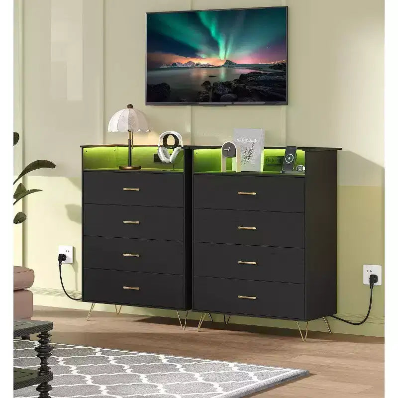 Commode 4 Tiroirs avec Station de Charge, Commode Moderne avec Contrôle par Application, Grand Meuble de Rangement pour Chambre et Salon