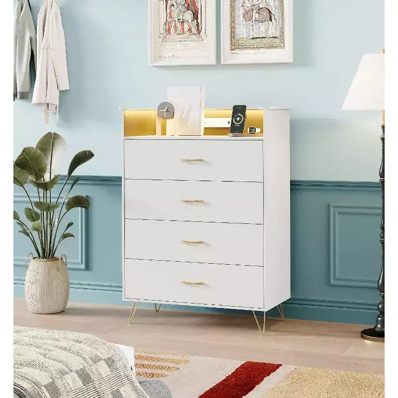 Commode 4 Tiroirs avec Station de Charge, Commode Moderne avec Contrôle par Application, Grand Meuble de Rangement pour Chambre et Salon