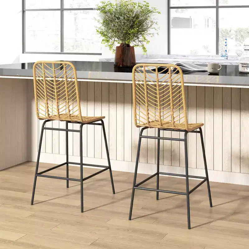 Lot de 2 tabourets de bar en rotin, tabourets de comptoir en osier avec pieds en acier et repose-pieds pour salle à manger, cuisine, pub (jaune)