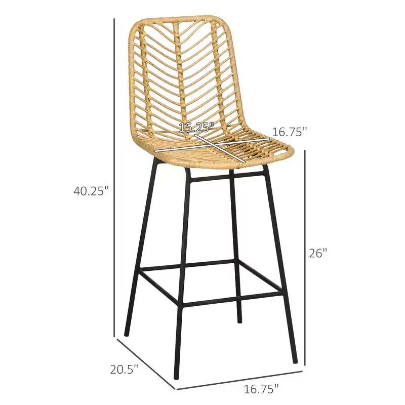 Lot de 2 tabourets de bar en rotin, tabourets de comptoir en osier avec pieds en acier et repose-pieds pour salle à manger, cuisine, pub (jaune)