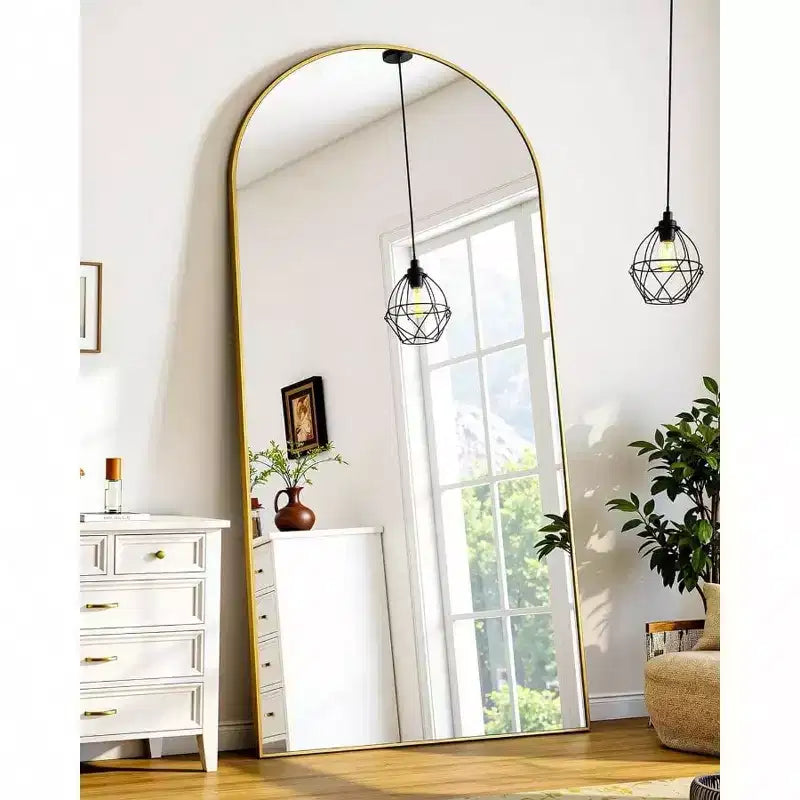 Miroir pleine longueur 58x21 pouces, miroir sur pied, miroir de corps entier autoportant avec support, style arche dorée
