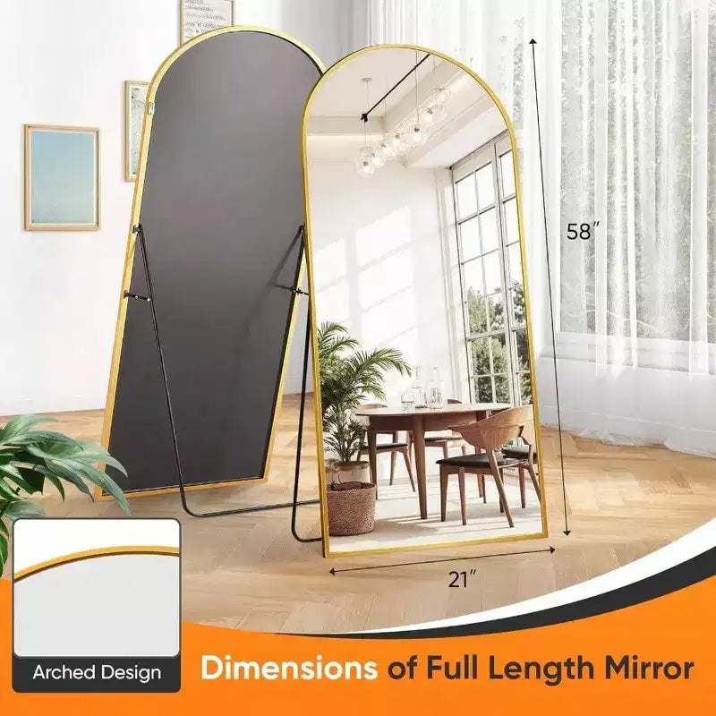 Miroir pleine longueur 58x21 pouces, miroir sur pied, miroir de corps entier autoportant avec support, style arche dorée