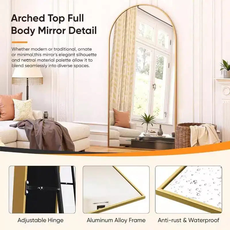 Miroir pleine longueur 58x21 pouces, miroir sur pied, miroir de corps entier autoportant avec support, style arche dorée
