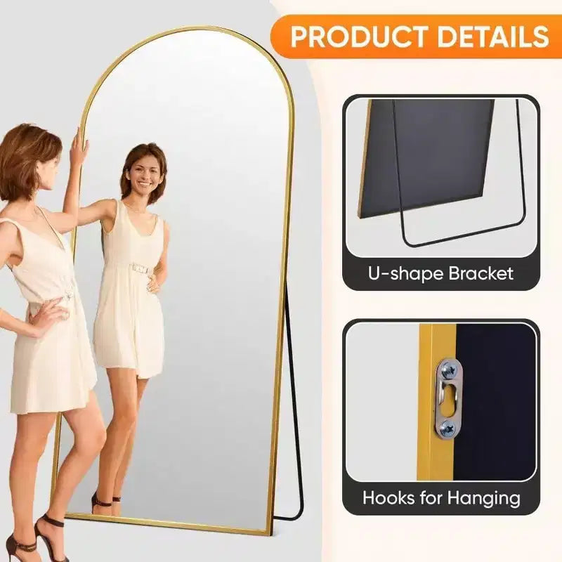 Miroir pleine longueur 58x21 pouces, miroir sur pied, miroir de corps entier autoportant avec support, style arche dorée