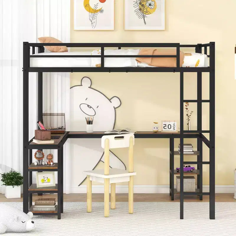 Lit mezzanine en métal avec bureau en L et étagères, cadre de lit mezzanine peu encombrant avec échelle et garde-corps complets pour chambre à coucher, noir/bois vintage