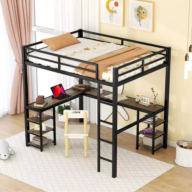 Lit mezzanine en métal avec bureau en L et étagères, cadre de lit mezzanine peu encombrant avec échelle et garde-corps complets pour chambre à coucher, noir/bois vintage