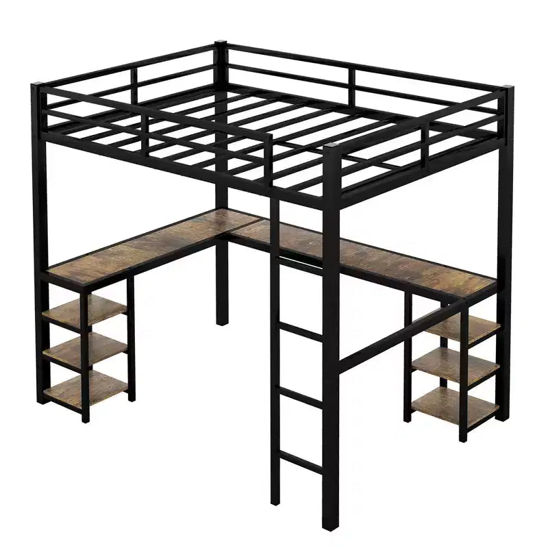 Lit mezzanine en métal avec bureau en L et étagères, cadre de lit mezzanine peu encombrant avec échelle et garde-corps complets pour chambre à coucher, noir/bois vintage