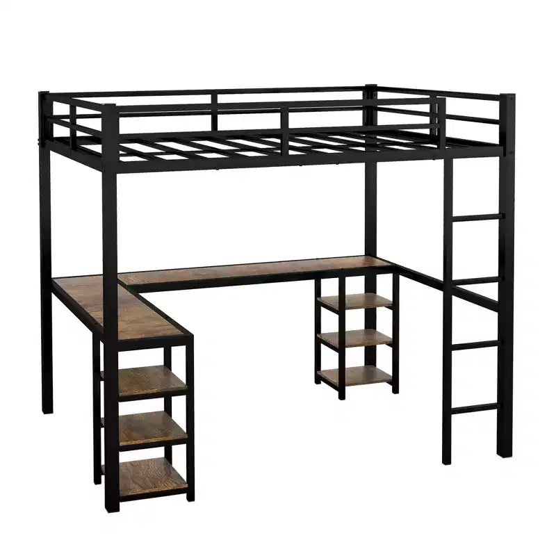 Lit mezzanine en métal avec bureau en L et étagères, cadre de lit mezzanine peu encombrant avec échelle et garde-corps complets pour chambre à coucher, noir/bois vintage