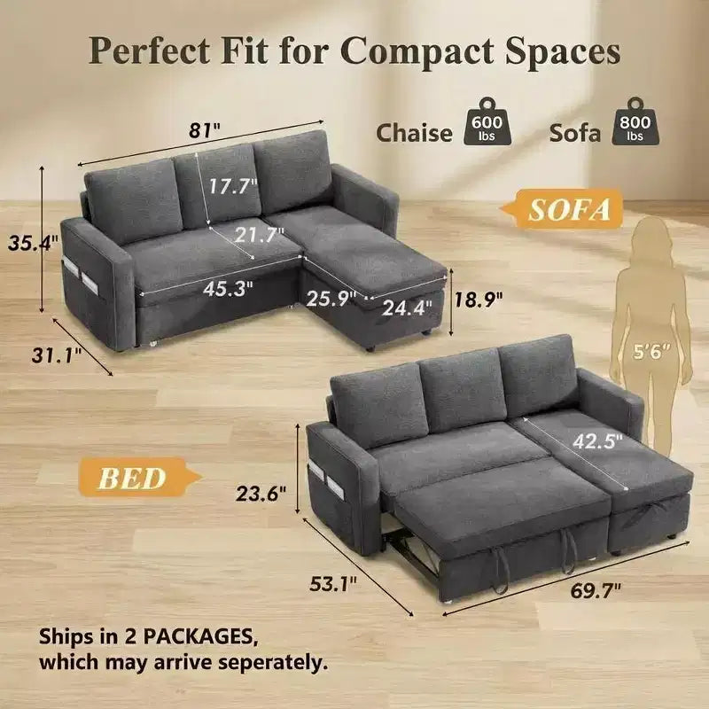 Canapé-lit sectionnel convertible en L de 81 po avec lit gigogne, méridienne de rangement et ports de chargement USB