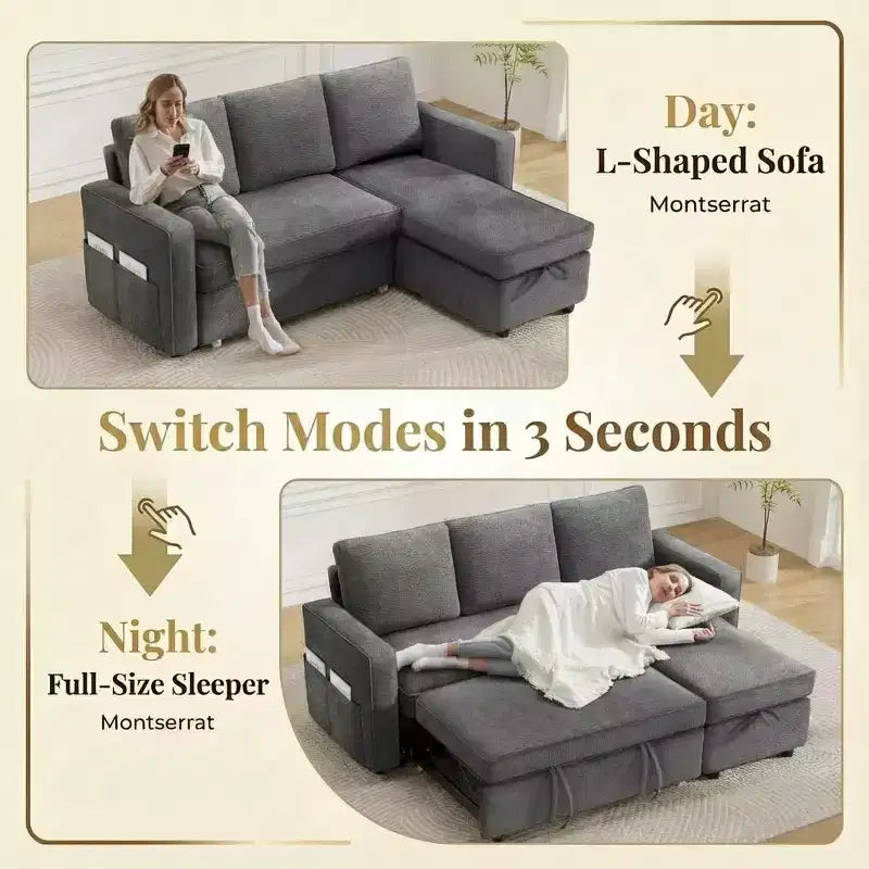 Canapé-lit sectionnel convertible en L de 81 po avec lit gigogne, méridienne de rangement et ports de chargement USB