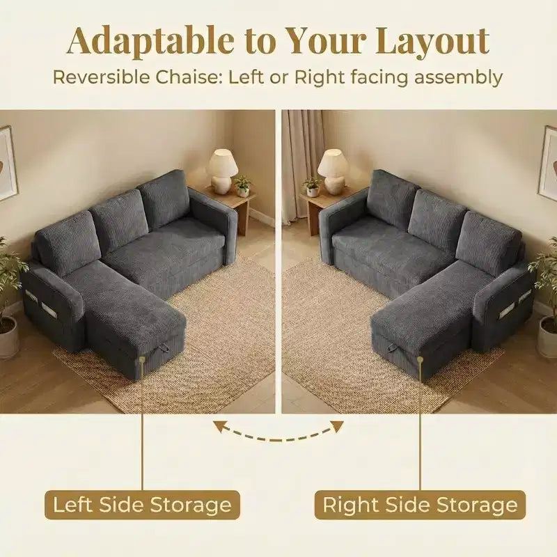Canapé-lit sectionnel convertible en L de 81 po avec lit gigogne, méridienne de rangement et ports de chargement USB