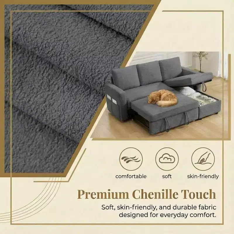 Canapé-lit sectionnel convertible en L de 81 po avec lit gigogne, méridienne de rangement et ports de chargement USB